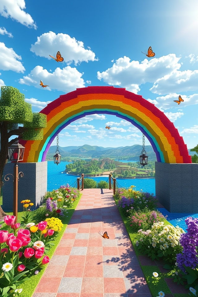 vibrant whimsical minecraft bridge