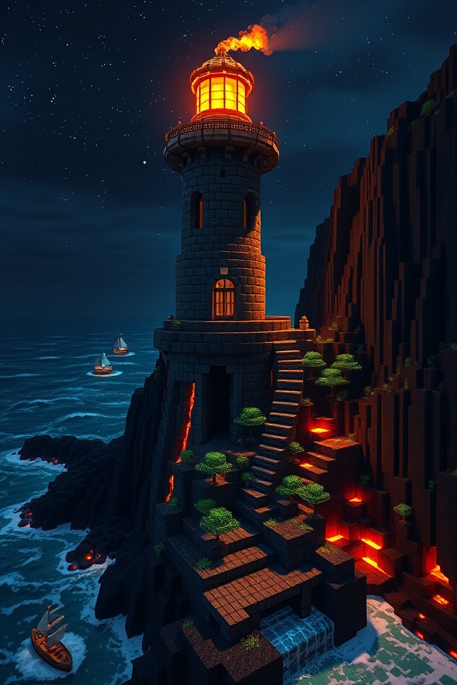 volcanic lighthouse with illumination