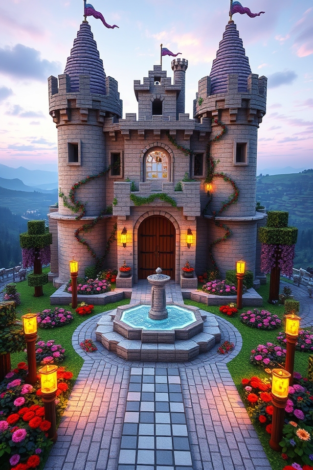 whimsical castle with gardens