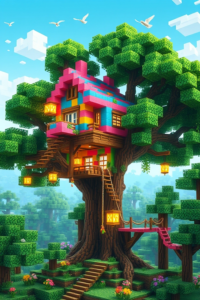 whimsical colorful treehouse retreat