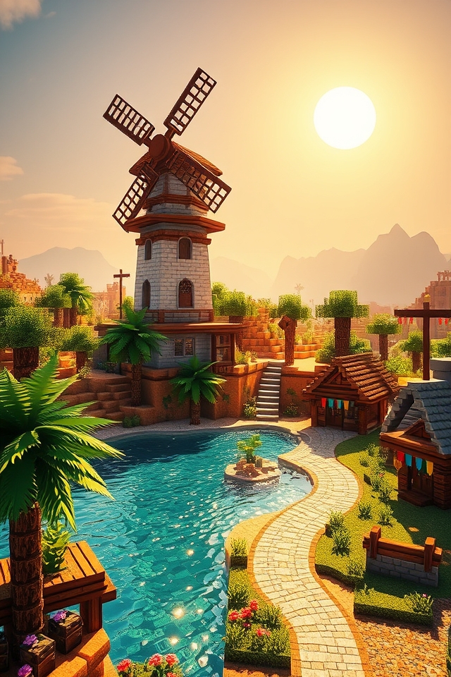 desert oasis with windmill