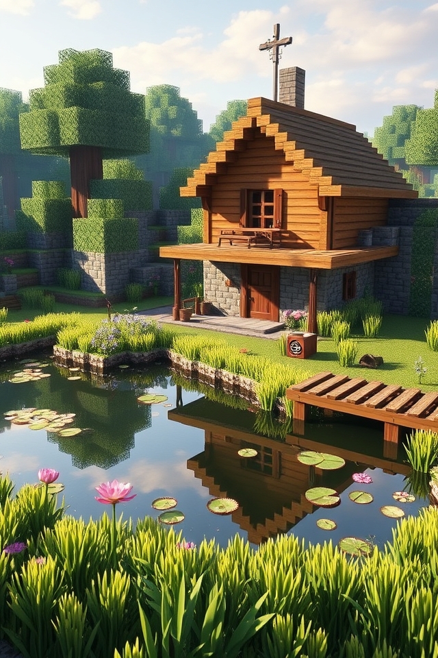 serene farmhouse with pond