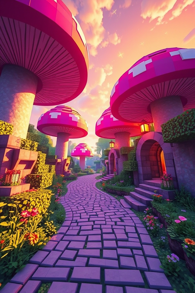 vibrant whimsical mushroom pathway