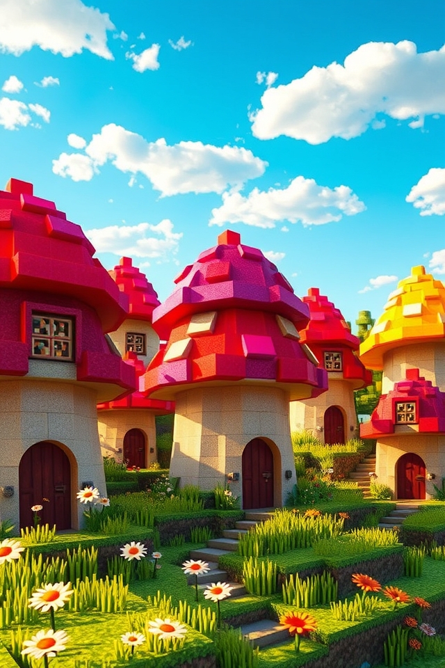 whimsical colorful mushroom houses