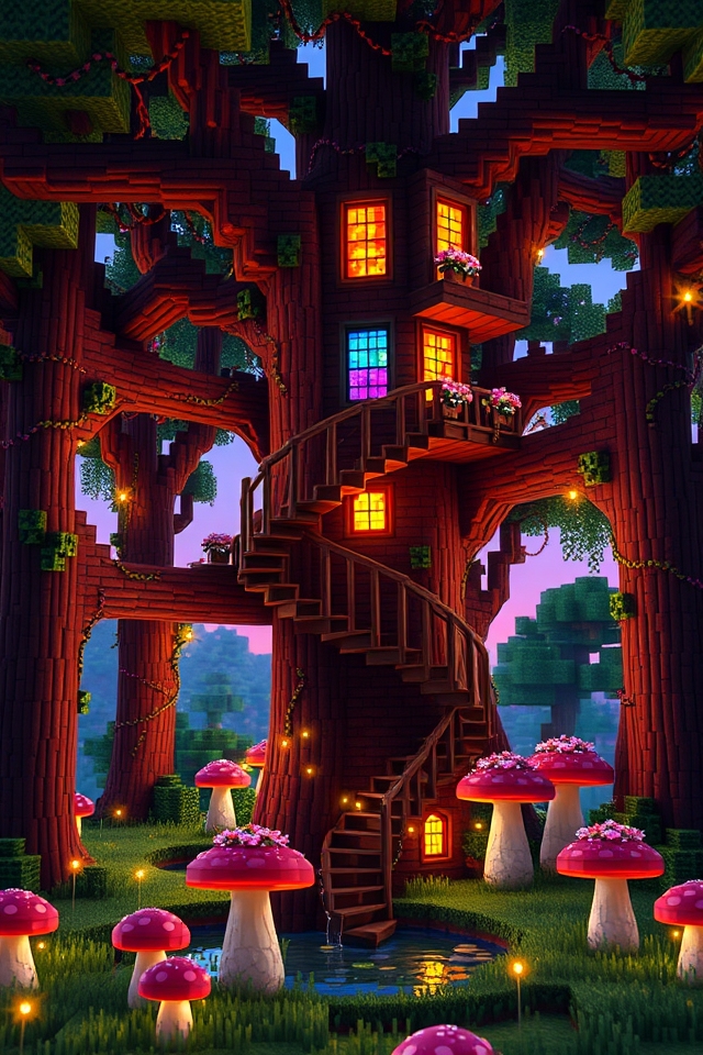 whimsical treehouse with lanterns